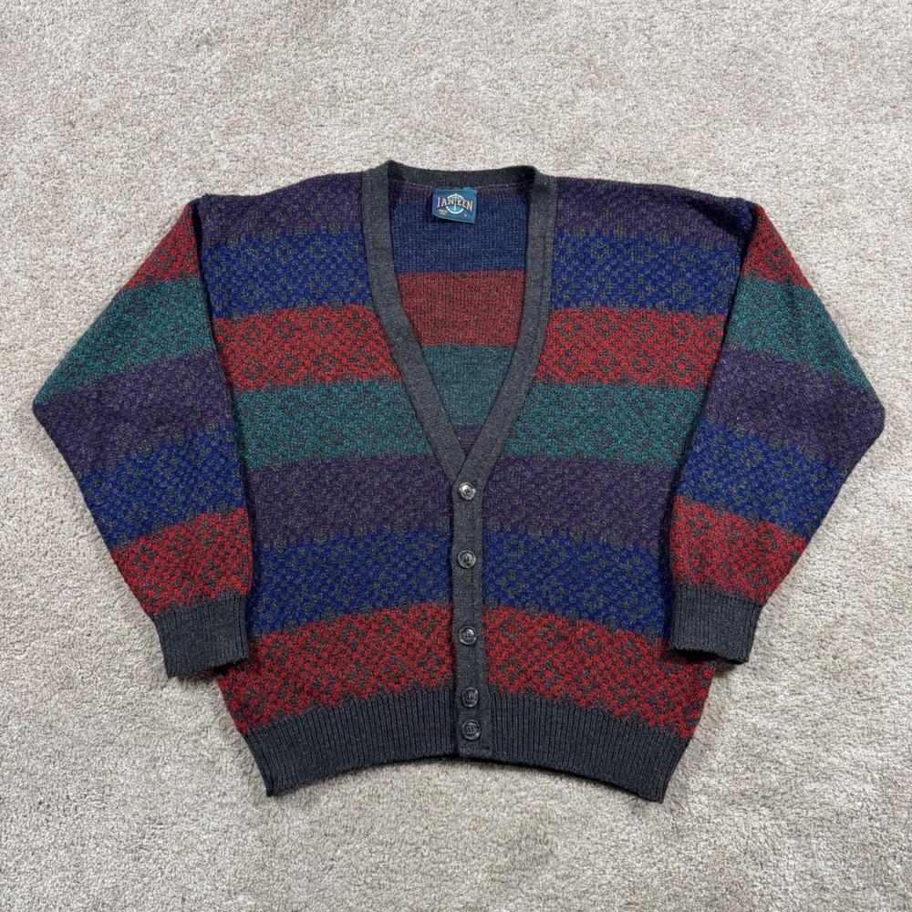 Jantzen Vintage 90s Striped Cardigan Sweater Mens Large Multi Color Made in USA